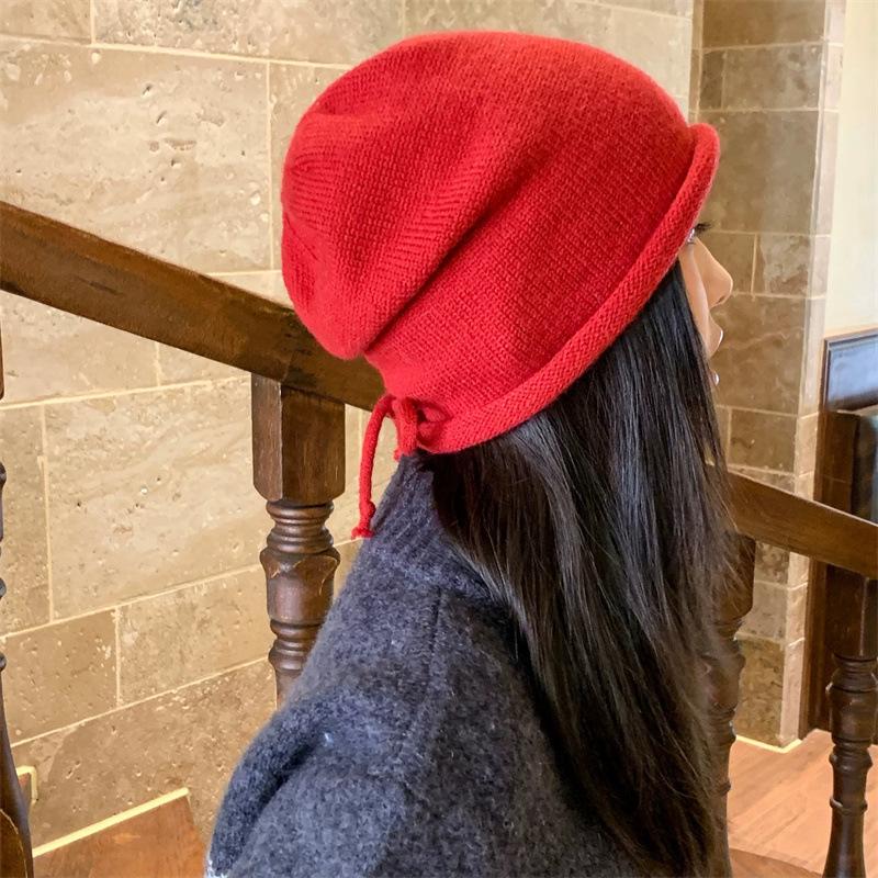 Star Pattern Curling Drawstring Beanies For Women Autumn And Winter Warm Ear Protection Versatile Retro Knitted Pullover Hats