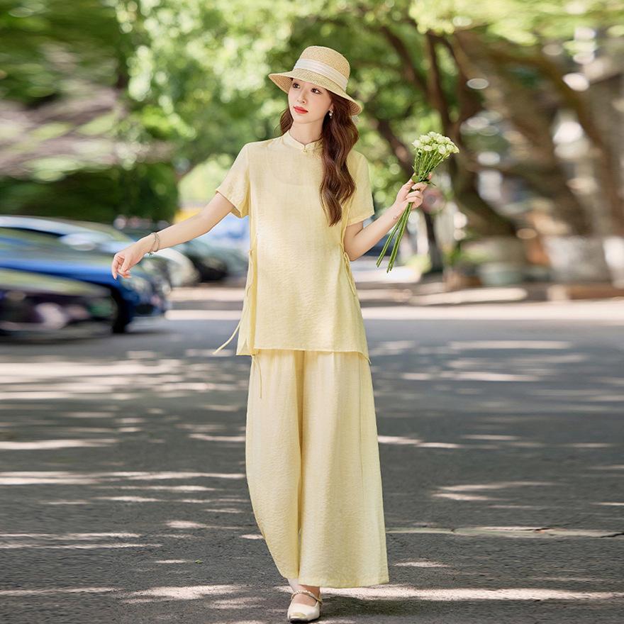 

Простой костюм женский летний новый дзен свободный повседневный универсальный брюки клеш комплект из трех предметов XXXL