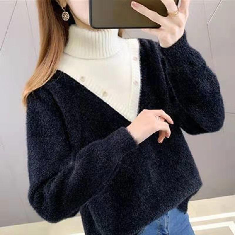 

Женский зимний толстый вязаный свитер с высоким воротом, женский джемпер с длинным рукавом, модный свободный теплый топ XL чёрный