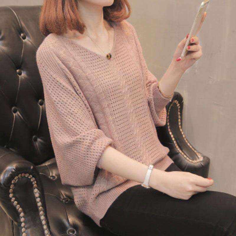 Frühling Herbst Koreanische Damen Spitze Fledermausärmel Oberteil Einfarbig Loch Rundhals Strick Lockerer Pullover