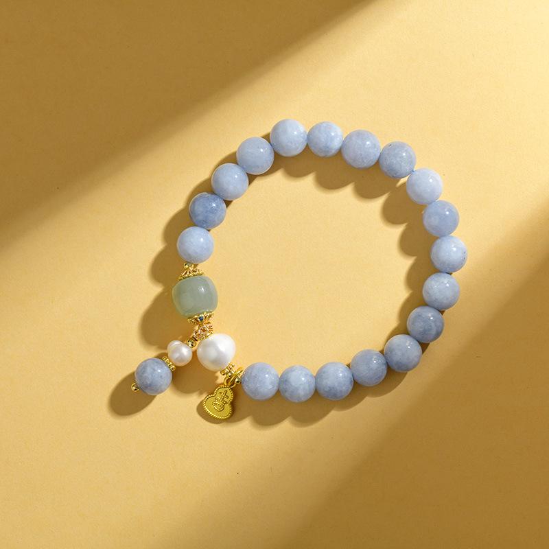

Браслет из натурального аквамарина и жемчуга с дизайном тыквы с иероглифом Цзи