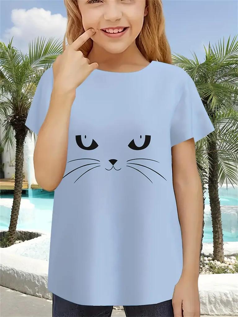 Fun Girl T-shirt Summer Short Sleeved Top Cartoon Animal Cat 3D Printing 2025 Girl Clothing