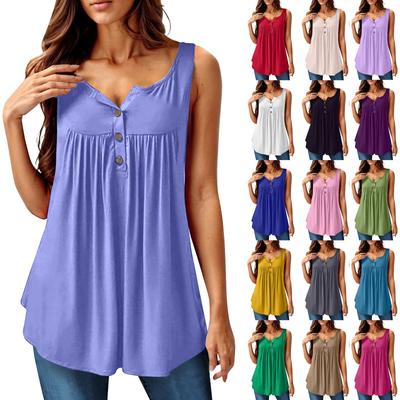 Women's Fashion Solid Color Pleated Sleeveless Casual T-shirt Vest Button Top
