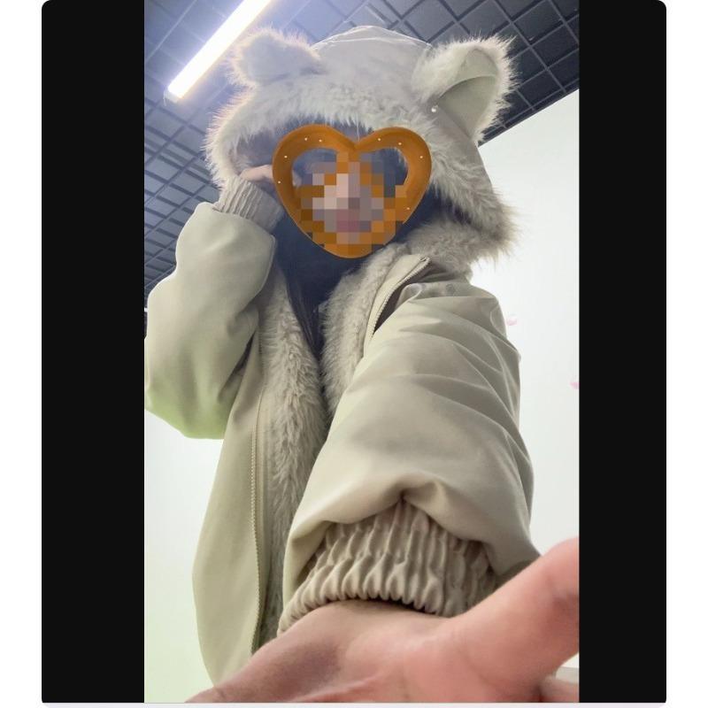 Women Winter Thicken Cotton Jacket Cat Ear Faux Fur Hoodie Cute Print Warm Parka Coat