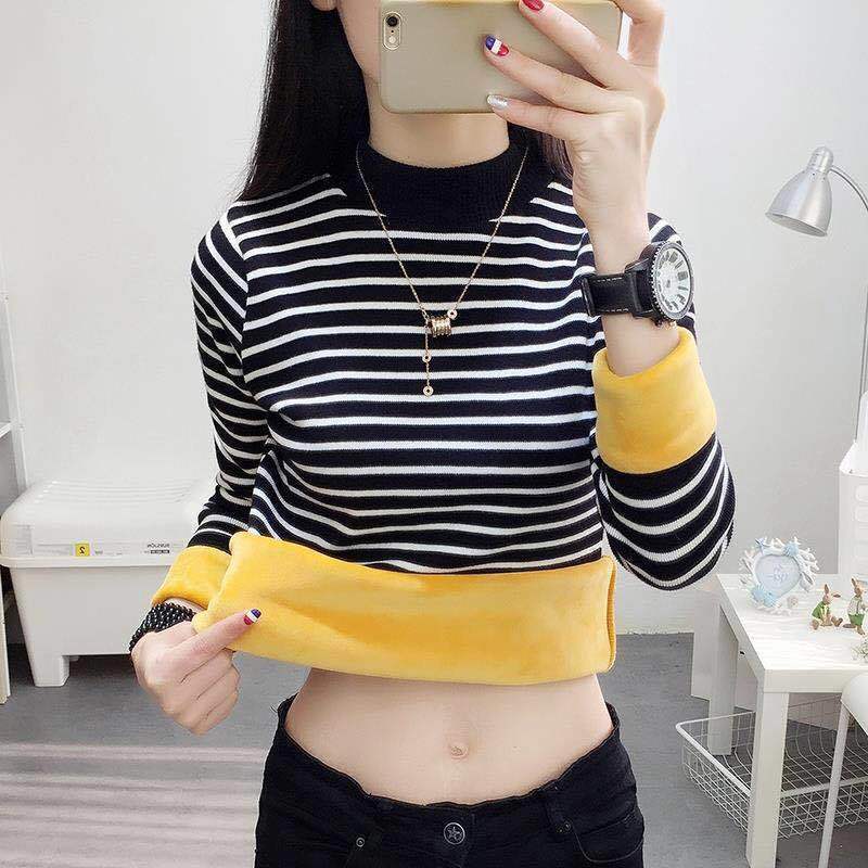 Autumn and Winter Korean Style Striped Warm Velvet Thickened Bottoming Shirt Top with Large Size Women's Slimming T-shirt