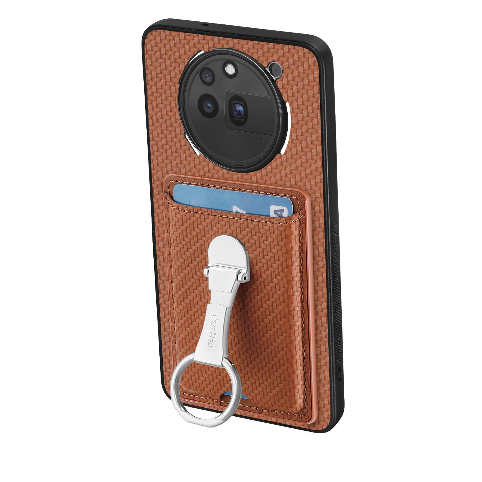 

For Nothing Phone (3a) Pro Leather Phone Back Cover with Kickstand and Card Slots Carbon Fiber Texture Brown