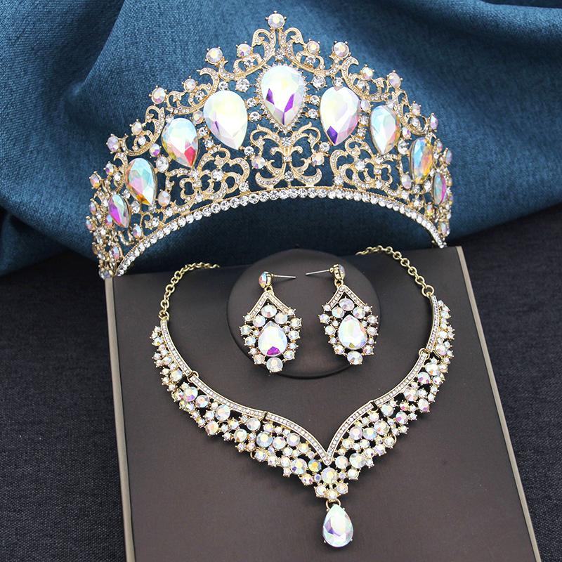 Gorgeous Blue Crown and Necklace Earrings Sets for Brides Prom Large Tiaras Princess Diadem Bridal Dubai Jewelry Set Wedding