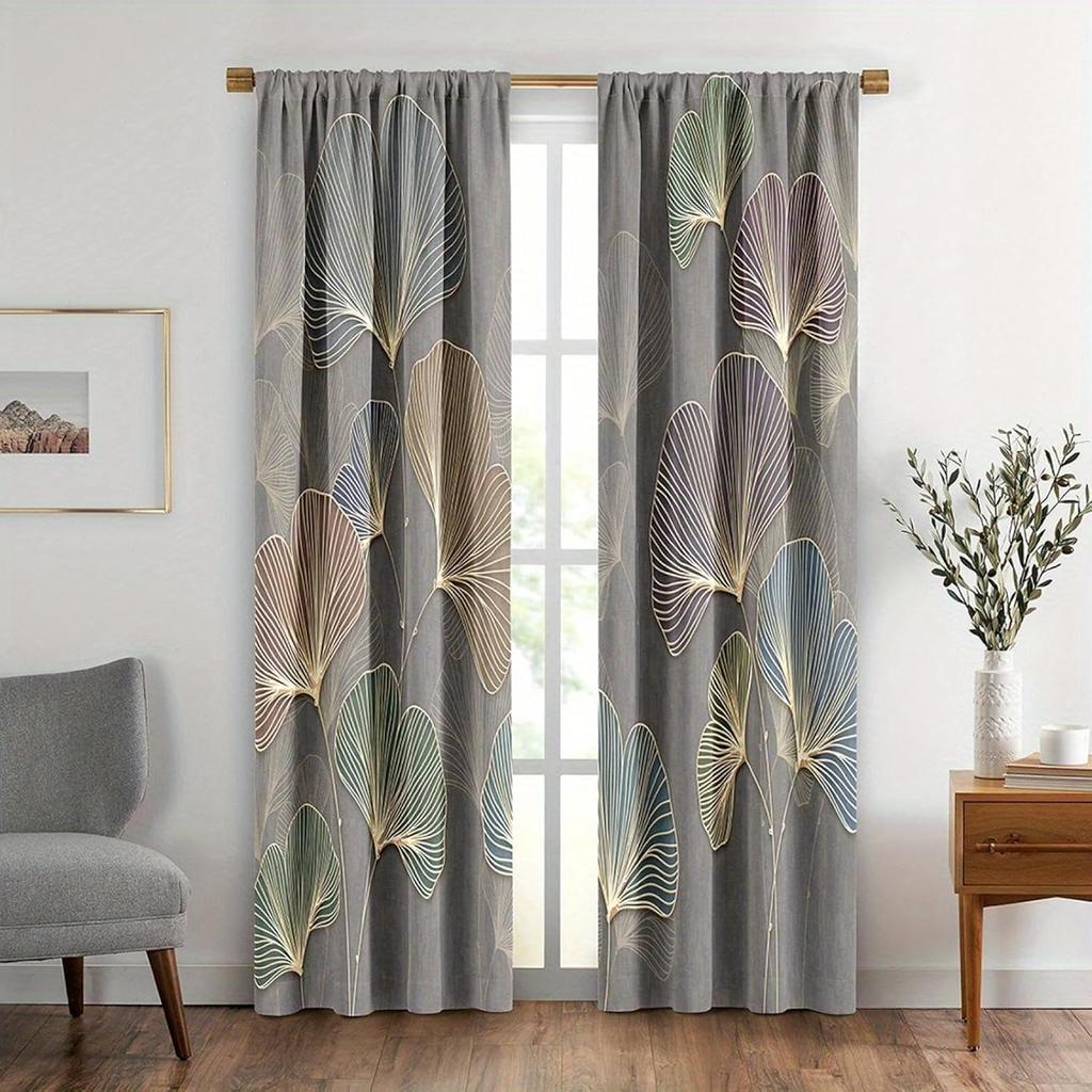 Flat Curtains Made Polyester Material Featuring Line Fan Leaf Printing Art Design Suitable Bedrooms Home Curtain Set Of 2 Washable Master Bedroom
