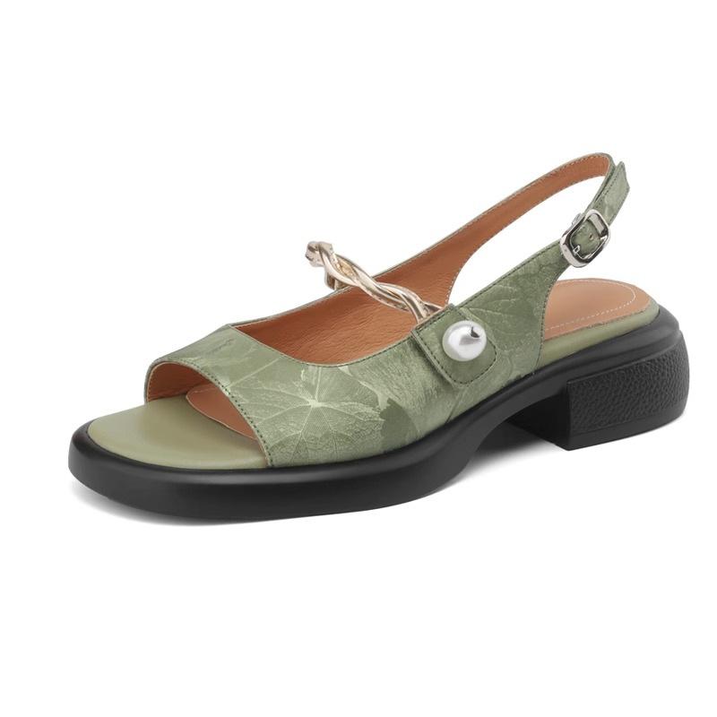 New Chinese open-toed sandals women's round head summer new thick-soled national style pearl small casual square heel women's sandals