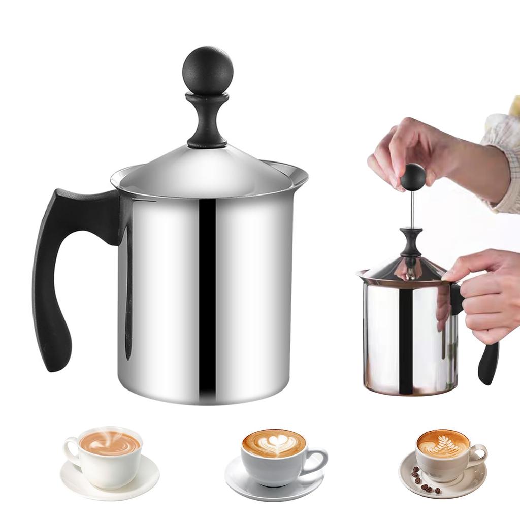 Spumator de lapte Kasanidika, Spumator de lapte manual din oțel inoxidabil pentru aparate de cafea Cappuccino, Espresso și Latte, Portabil și sigur pentru plită, 400 ml,