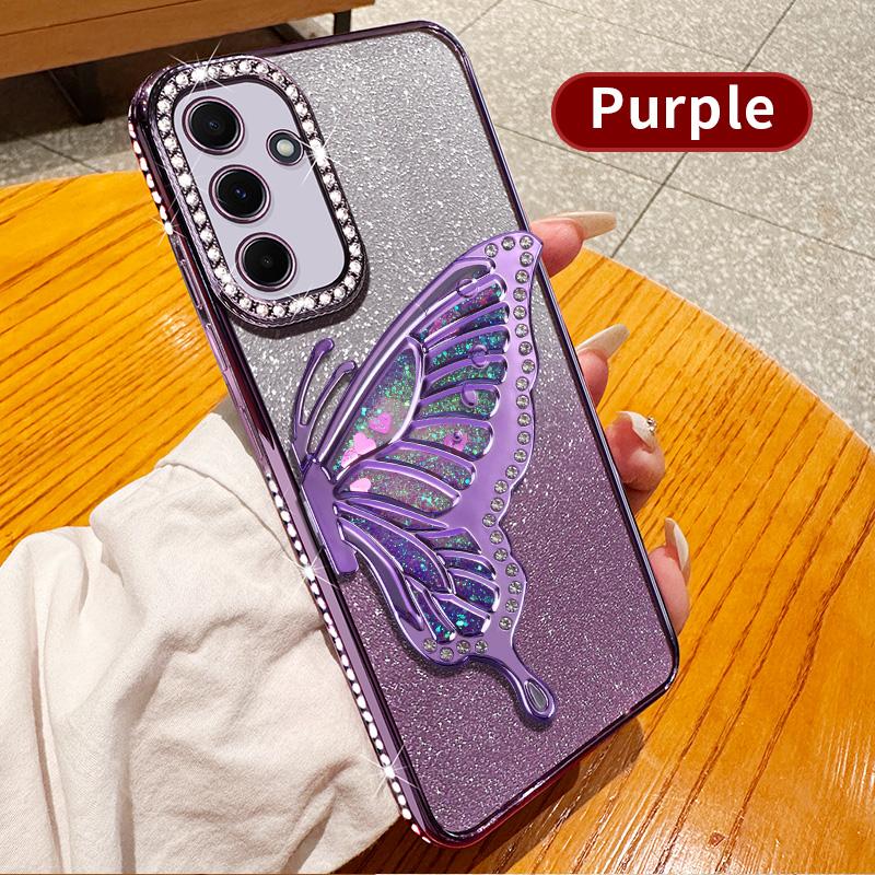 Diamantový třpytivý tekutý pouzdro s držákem ve tvaru motýla pro Samsung Galaxy A17 A16 A26 A36 A56 A06 A15 A25 A35 A55 A14 A24 A34 A54 5G kryt