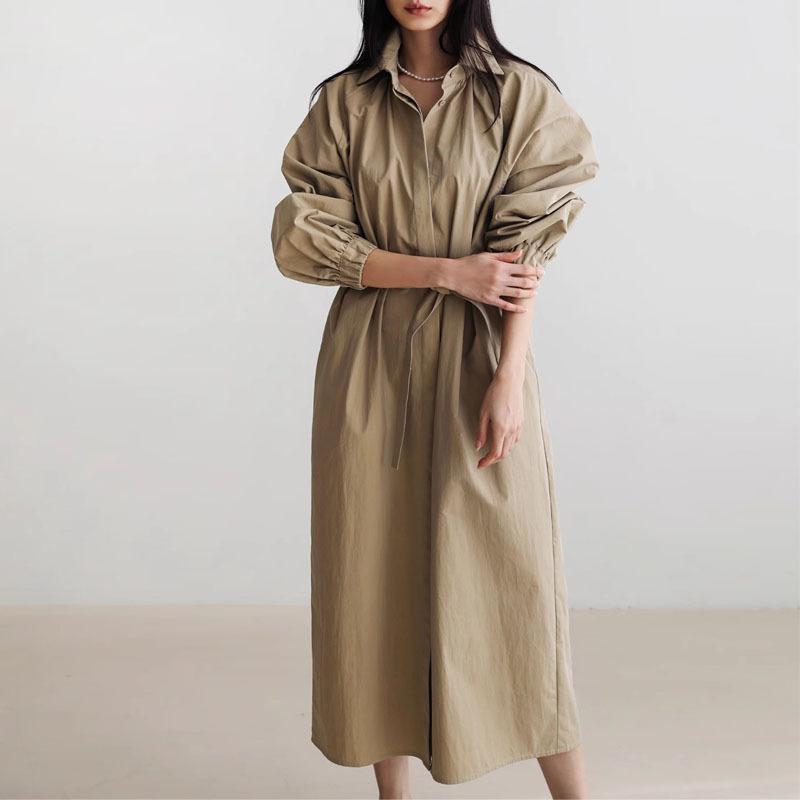 

Новое хлопковое платье-рубашка с длинными рукавами для женщин, средней длины, в корейском стиле, с поясом, на шнуровке, темпераментная юбка-рубашка больших размеров S