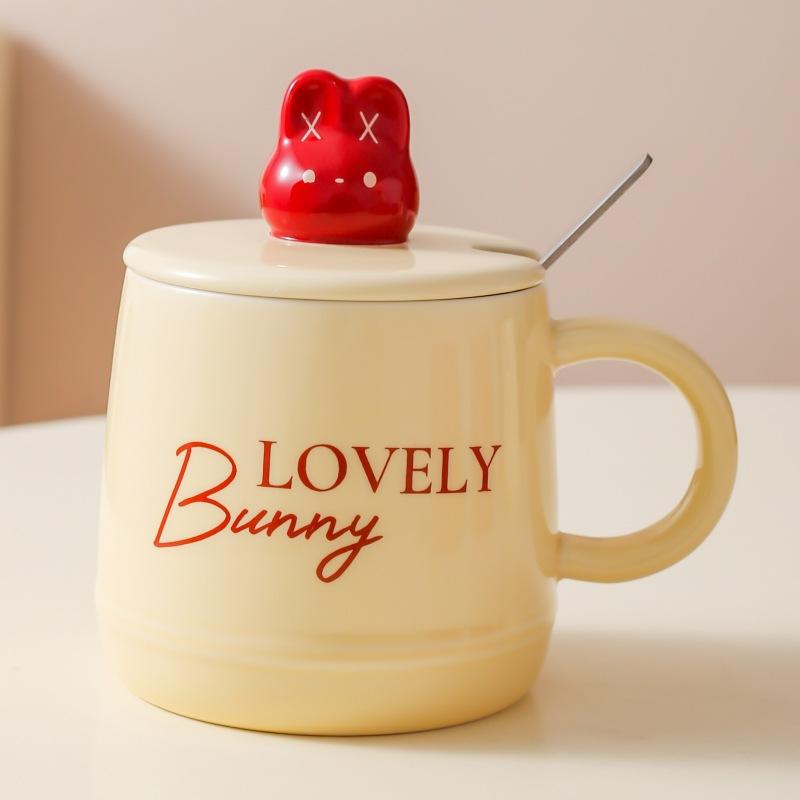 Cartoon cute rabbit ceramic mug household milk cup breakfast cup with lid gift water cup couple coffee cup
