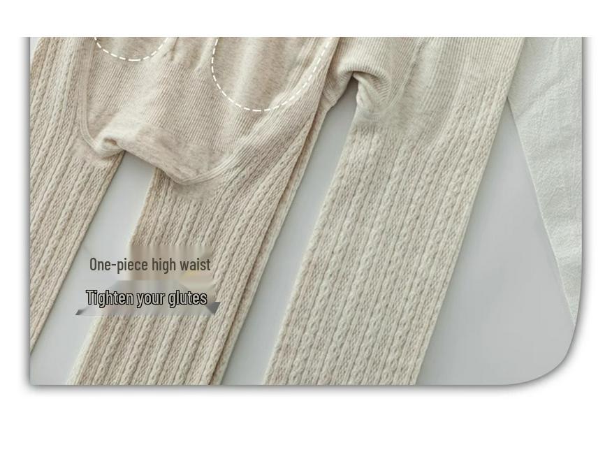 Women's Japanese Retro Cable Knit Fleece-Lined Stirrup Leggings - Autumn/Winter Style White Pantyhose