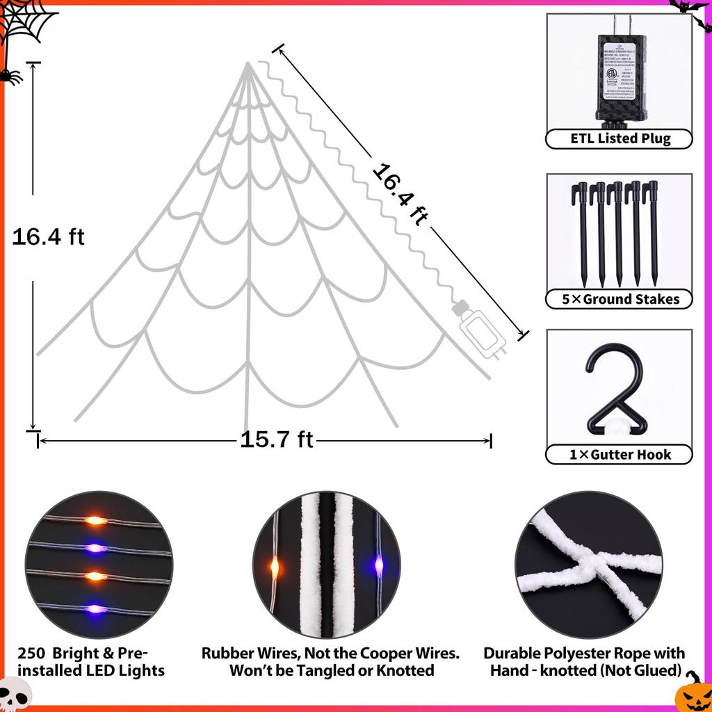 Halloween Spinnennetz Lichter 5m 250 LEDs Lila & Orange Mehrfarbig 8 Modi Timer IP65 Wasserdicht Außen Innen Garten Dekoration mit 5 Erdspießen