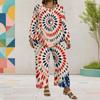 Women Plus Size Dark Navy Printed Two Piece Set Round Neck Long Sleeve Top Wide Leg Cropped Pants