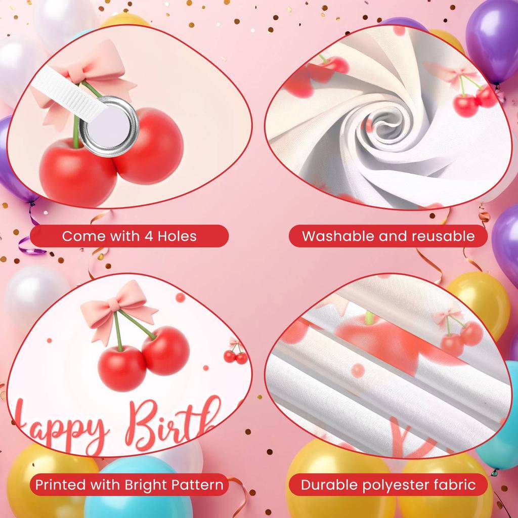 Happy Birthday Banner Sweet Pink Bowknot Cherry Pattern Birthday Party Decoration Backdrop Fruit Theme Photo Background Shoot