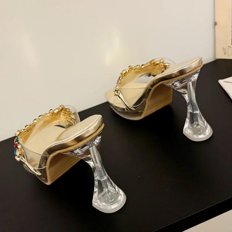 Eilyken Summer Fashion PVC Transparent Square Toe Woman Slippers Crystal Clear High Heels Slides Shoes