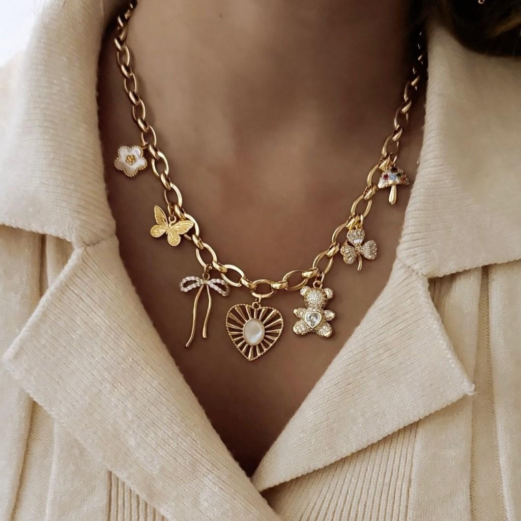 Heart Pendant Necklace For Women With Butterfly Bow And Clover Charm In Silver Plating