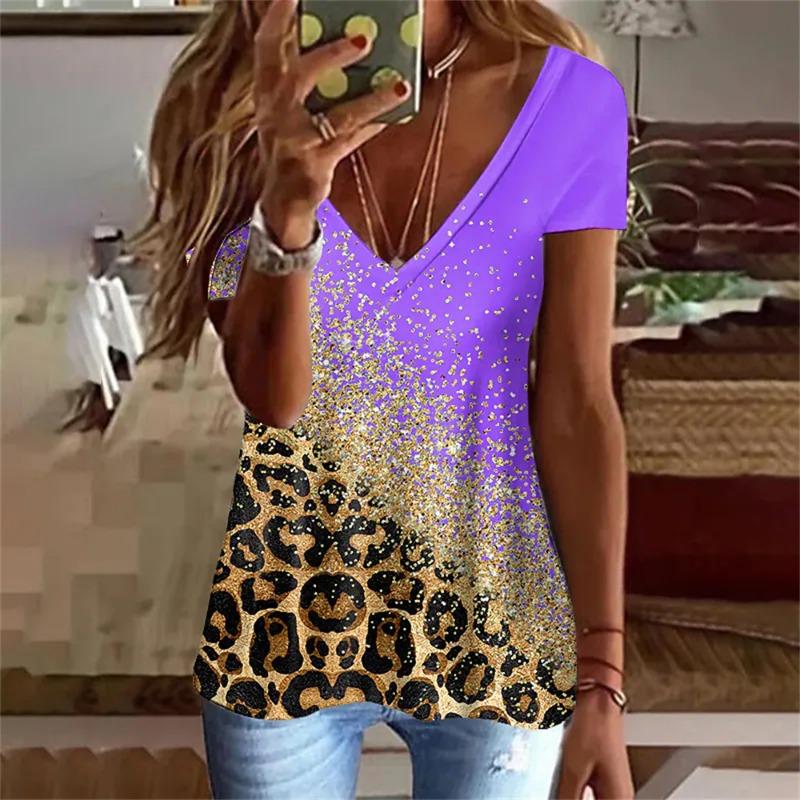 Módní tričko s 3D potiskem leoparda Dámské Y2k topy Streetwear Harajuku Trička s krátkým rukávem Trička s výstřihem do V Dámské nadměrné oblečení