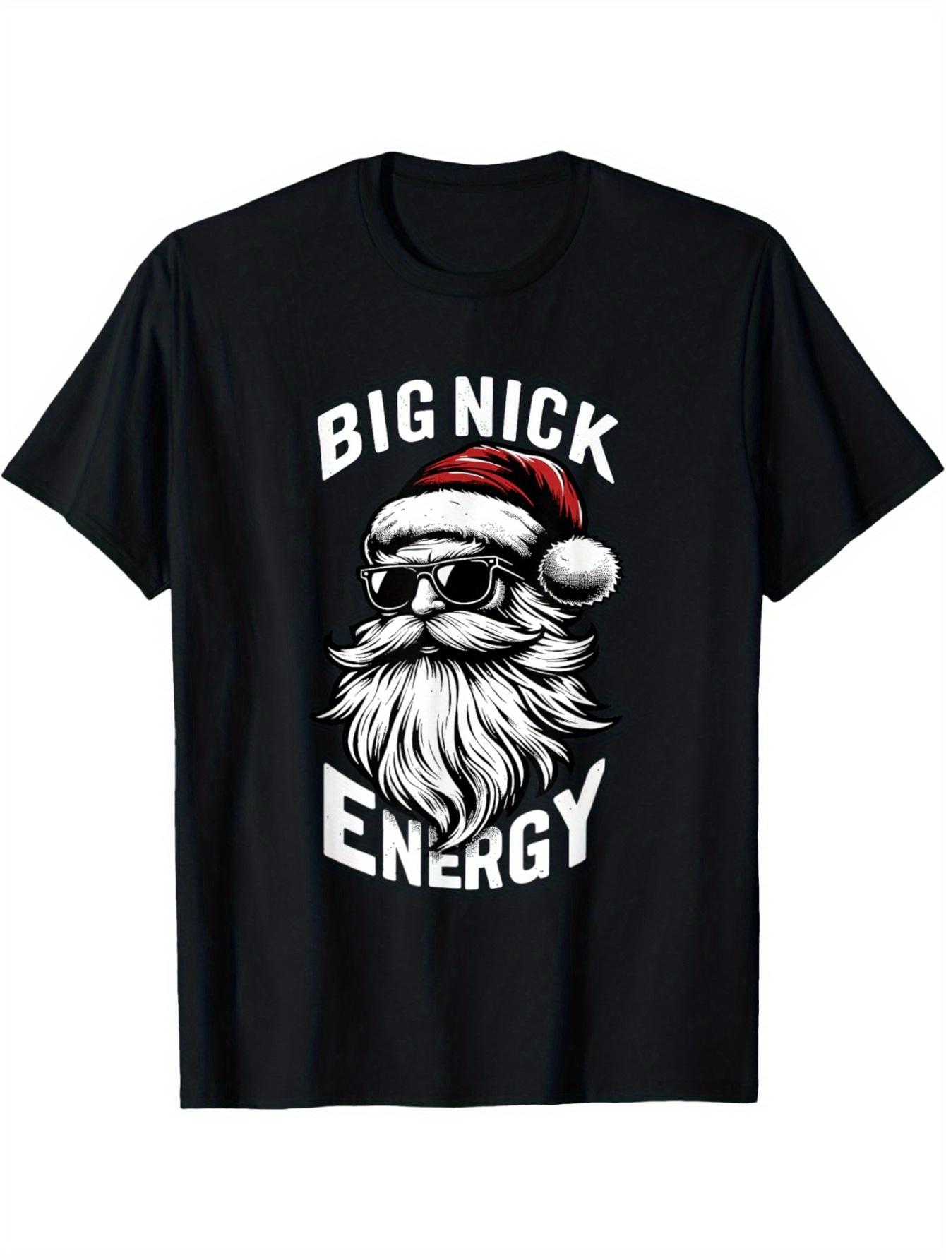MenS Big Nick Energy Funny Santa Graphic TShirt Black Cotton Round Neck Casual Style with Glasses Beard Design S