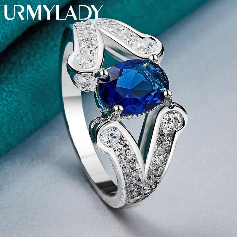 URMYLADY 925 Sterling Silver AAAAA Blue Zircon 7-10 Ring For Women Fashion Charm Jewelry