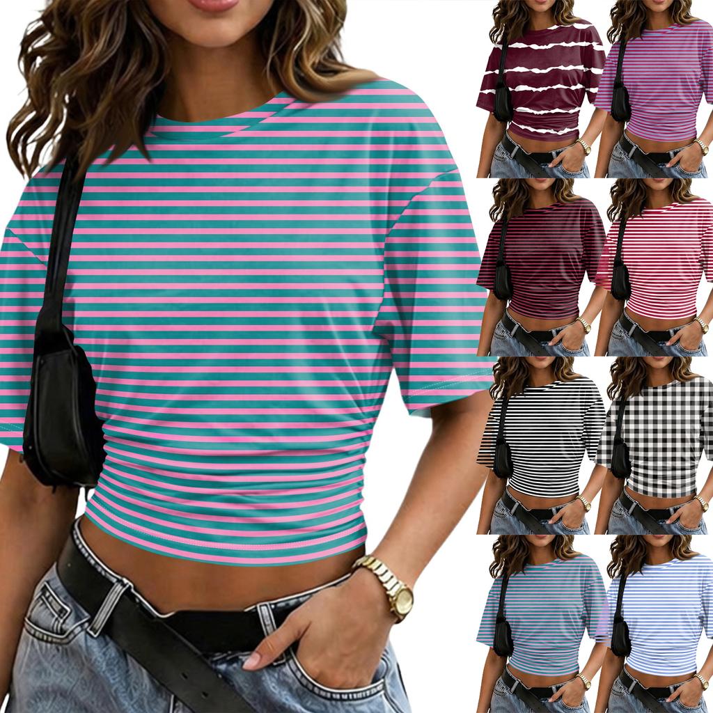 Women’s Crewneck Pullover Short Sleeve T-Shirt with Striped Print Loose Fit Casual Basic Top for Daily Wear