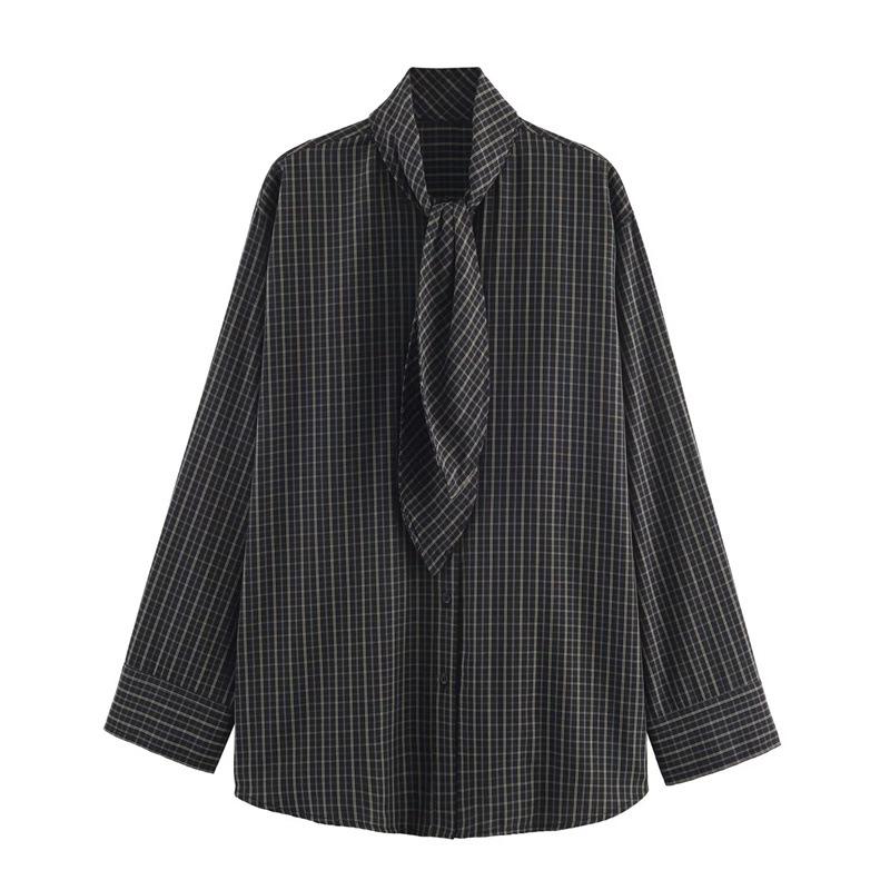 European & American 2025 Autumn Plaid Scarf Shirt Large