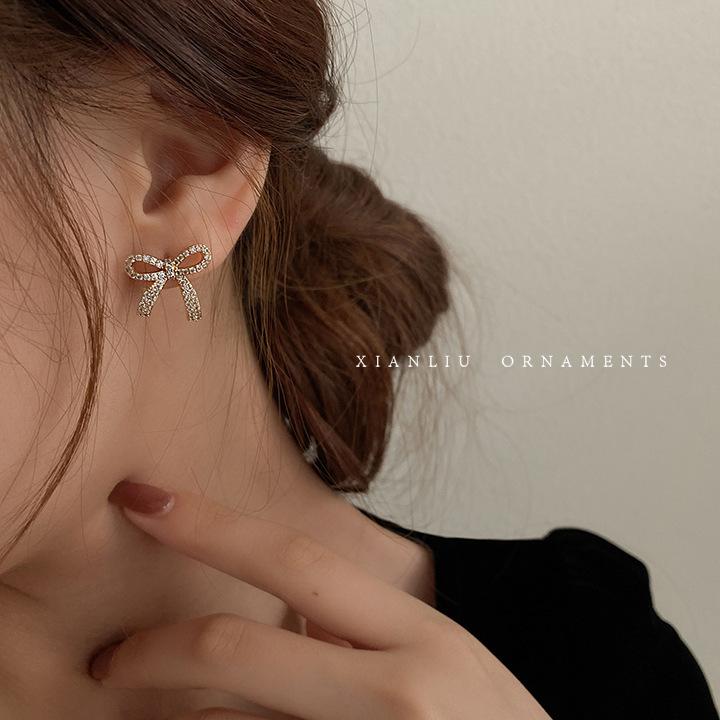 S925 Silver Needle Simple Temperament Rhinestone Bow Earrings Women's Earrings New Trendy Korean Internet celebrity exquisite earrings