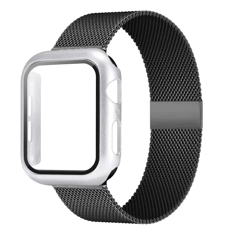 Milanese Loop+case for Apple Watch Band 44mm 45mm 40mm 41mm 42mm Tempered Glass+cover Iwatch Series 9 8 7 6 Se 5 4 Accessories