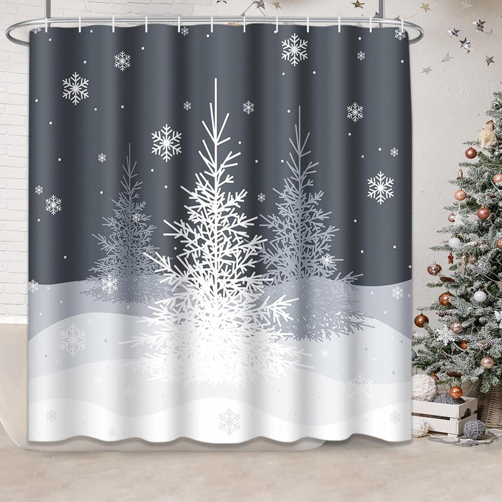 Three Christmas Dwarf Elves in Snow Shower Curtain, Waterproof Fabric Bathroom Shower Curtain Set with 12 Hooks 72"X72"