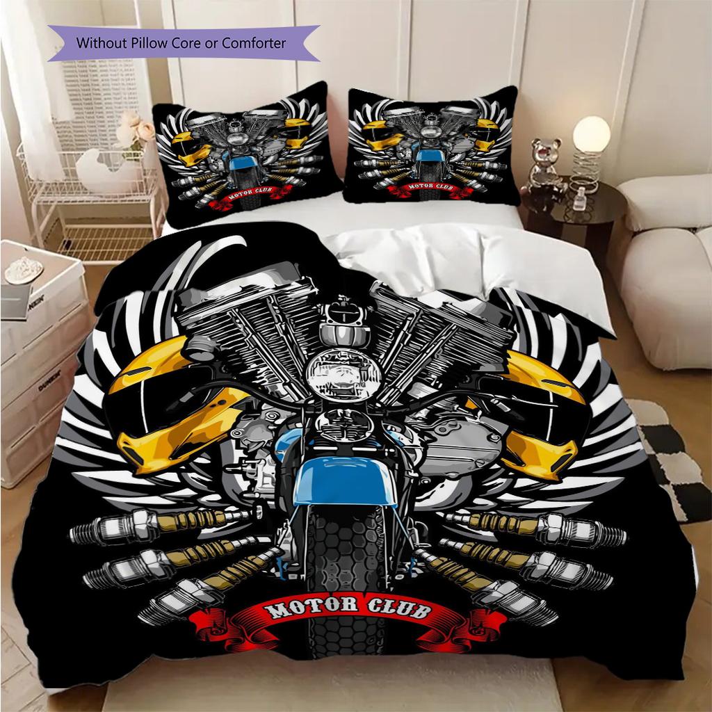 Motorcycle Club Emblem Bedding (1 * Duvet Cover + 2 * Pillowcase, Without Core) 2D Flat Duvet Cover and Pillowcase Bedding Set Soft and Comfortable