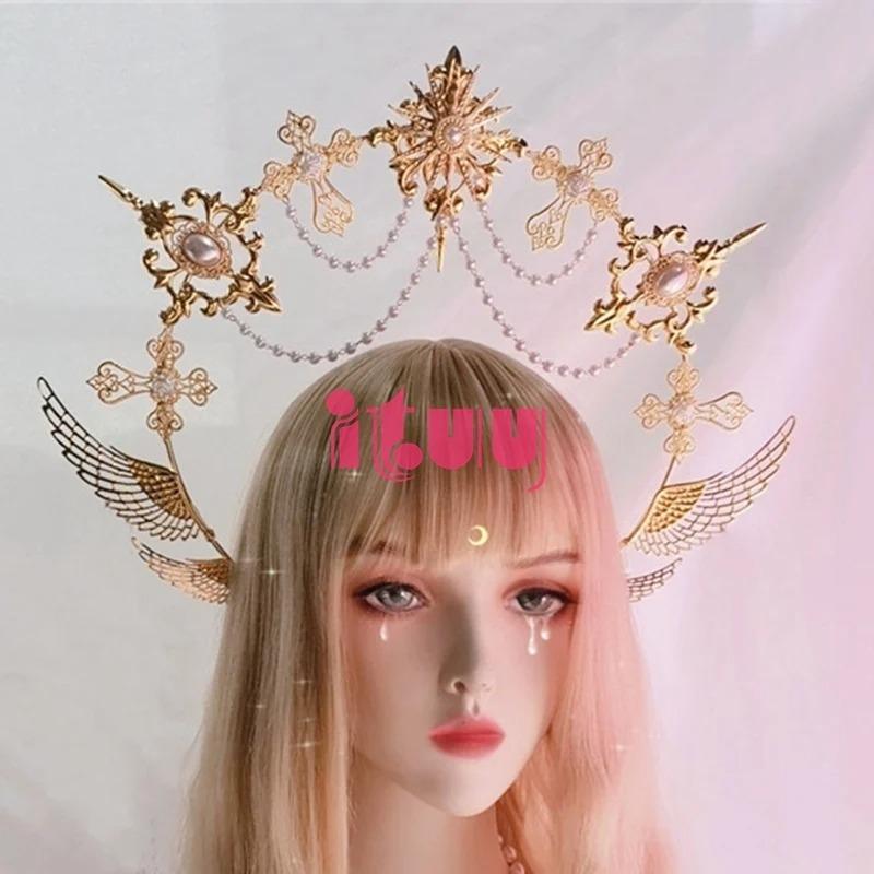 Halo Headwear Gothic Style Lolita Angel Wings Goddess Sun Virgin Mary Spiked Pearl Pendant Golden KC Halo Crown Hair Accessories