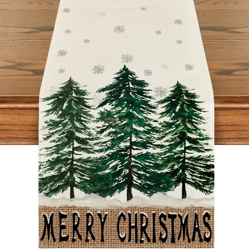 Festive Snowman Christmas Tree Table Runner Home Kitchen Dining Tablecloth for Party Decoration