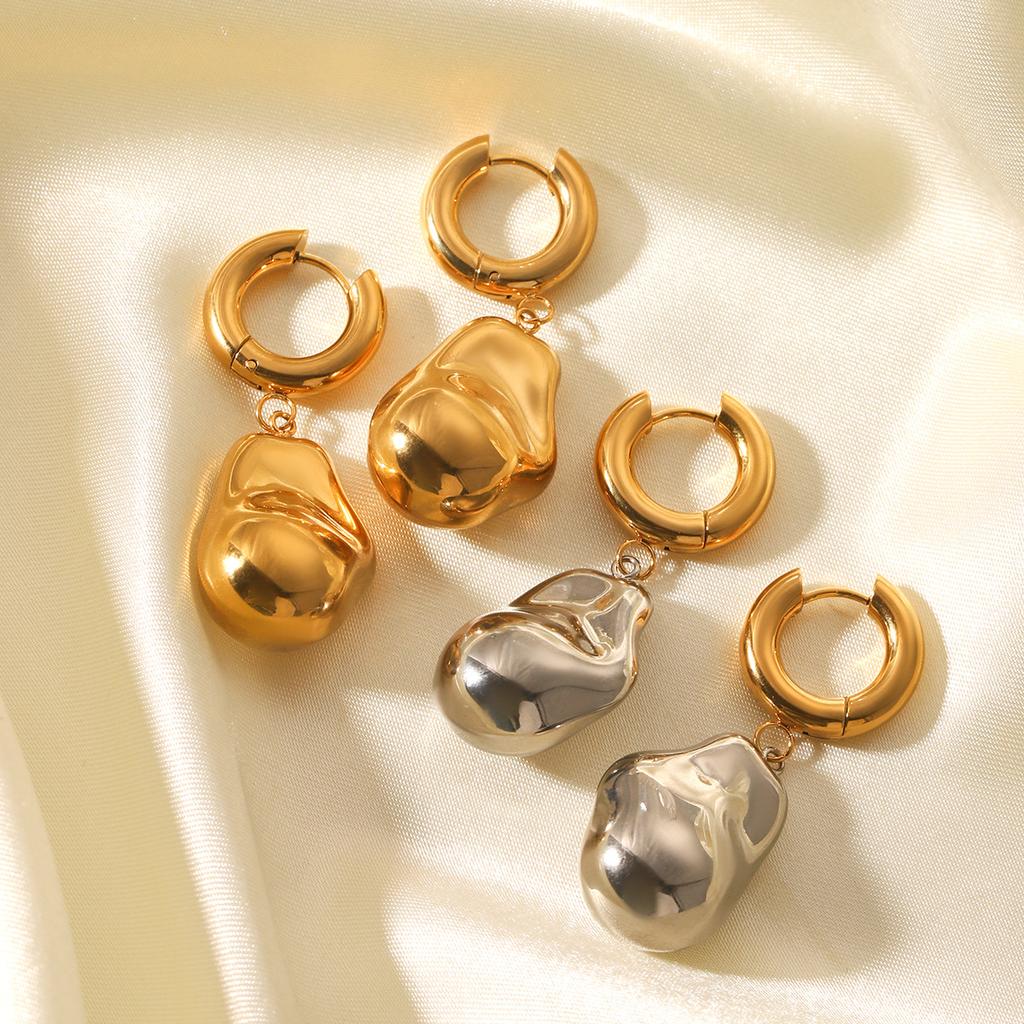 18K Gold Stainless Steel Plain Hoop Earrings, Ins Style Niche Design, Premium Steel Bead Baroque Pendant Earrings
