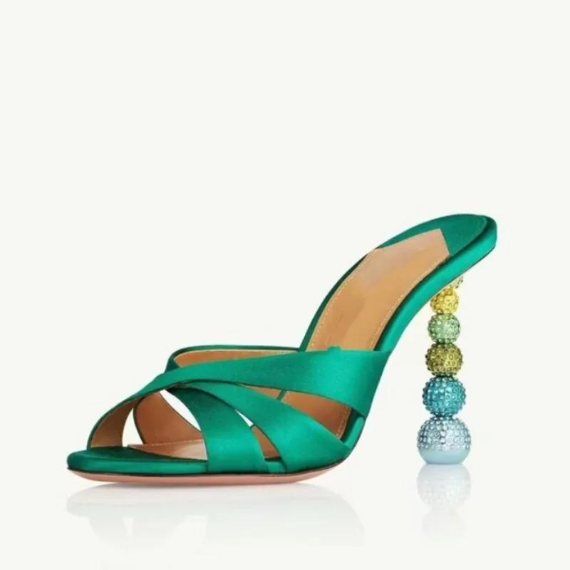 Fashion New Sweet Rhinestone 9.5cm Strange Style Heel Sandals Summer Elegant Banquet Wedding Brides Bridesmaids Women's Slippers 34-43