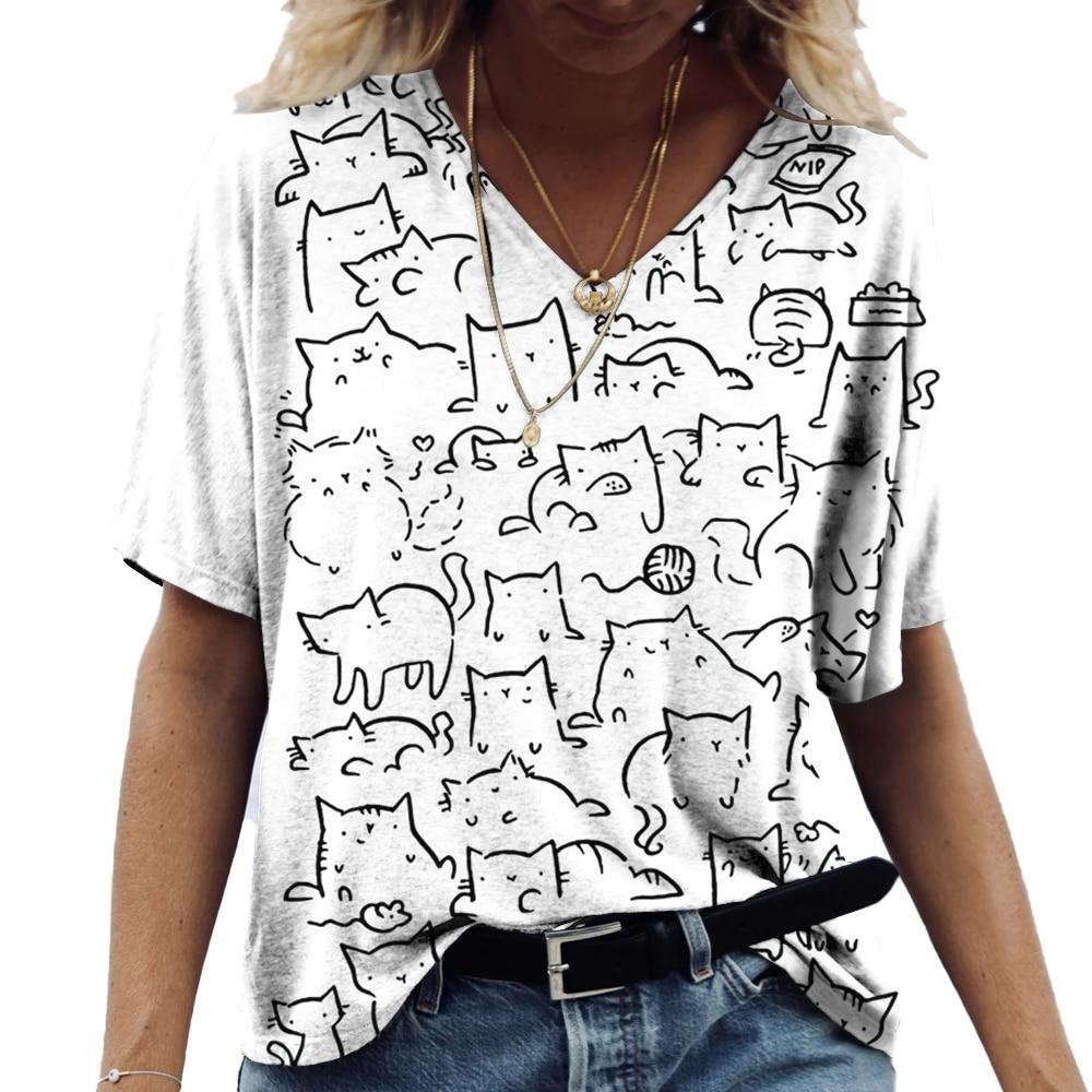 Camiseta de Mujer Gatito Anime Pintura Estampado Chica Ropa Blusa Cuello en V Harajuku Jersey Tops Verano Oversize Manga Corta Camisetas