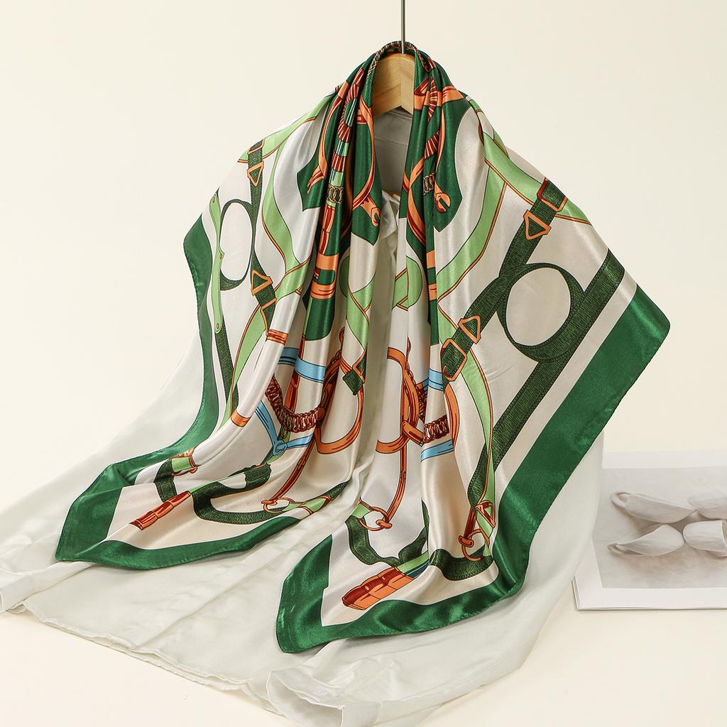 90*90Cm Ethnic Chains Square Scarf Hijab Luxury Printed Hair Wraps Shawl Women Fashion Soft Satin Bandana Floral Handkerchief