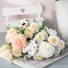 Artificial Mixed Flower Realistic Pan Weaving Tea Rose Chrysanthemum Silk Fake Bouquet for Wedding