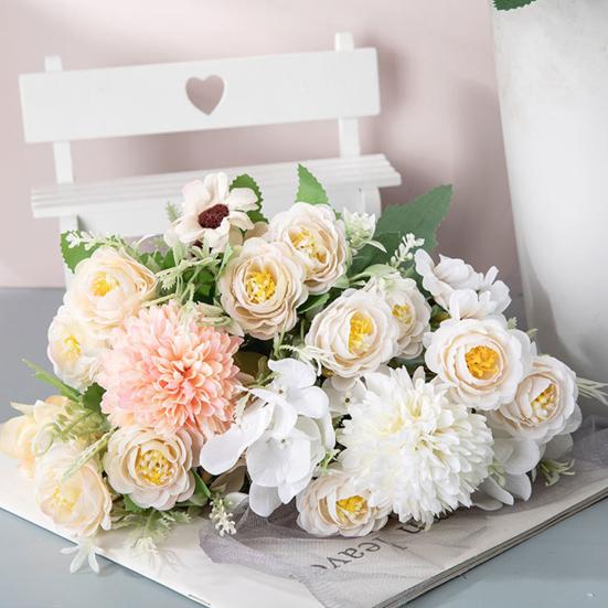 Artificial Mixed Flower Realistic Pan Weaving Tea Rose Chrysanthemum Silk Fake Bouquet for Wedding