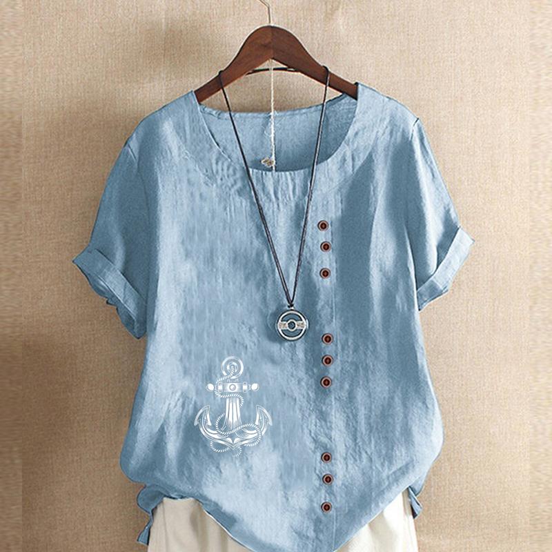 Women's Fashion Round Neck Short Sleeve T-shirt Casual Cotton Linen Graphic Shirt Leisure Loose Ship's Anchor Prined Summer Blouse Tops