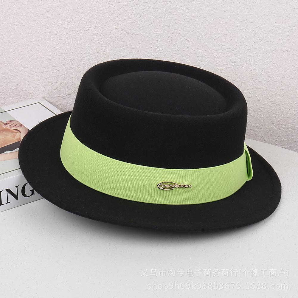 Autumn and Winter French Flat-brimmed Woolen Flat-top Top Top Hat Female British Show Small Face Simple Temperament Elegant Celebrity Style Jazz Hat