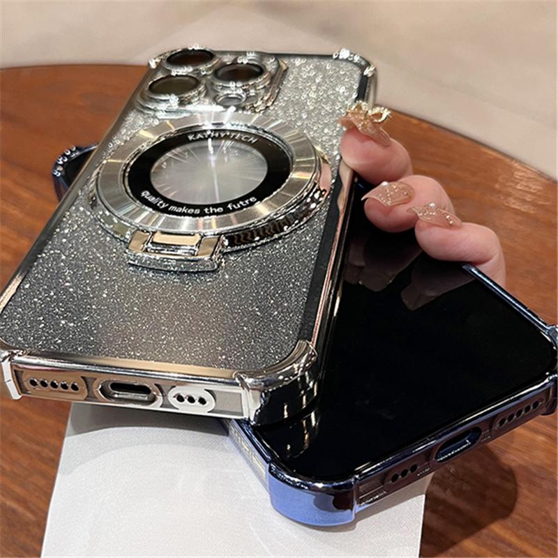 Luxury Plating Magsafe Magnetic Holder Stand Phone Case For iPhone 11 12 13 14 15 Pro Max Bumper Protector On 15 Plus Cover