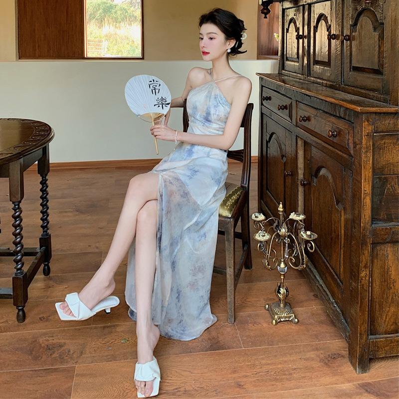 Neck Printed Suspender Dress Spring and Summer New Women's Chiffon Split Halter Vacation Skirt