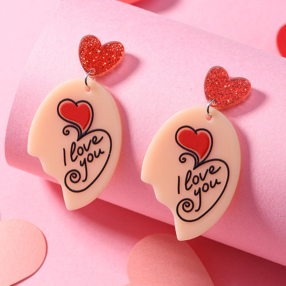 Korean Peach Heart Glitter Romantic Acrylic Dangle Earrings - Valentine s Day Girly Style for Women