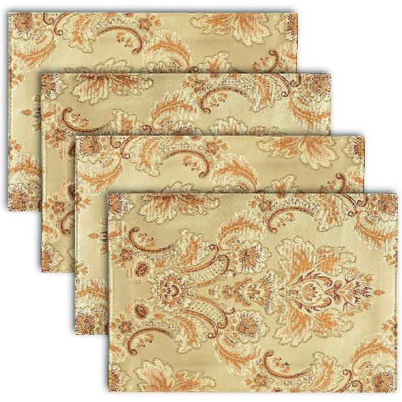 Table Runner and Placemats Set of 6 Gold Placemats for Dining Table Set of 4 Table Runner Luxury Thick Lined Damask Christmas Holiday Lace Beaded