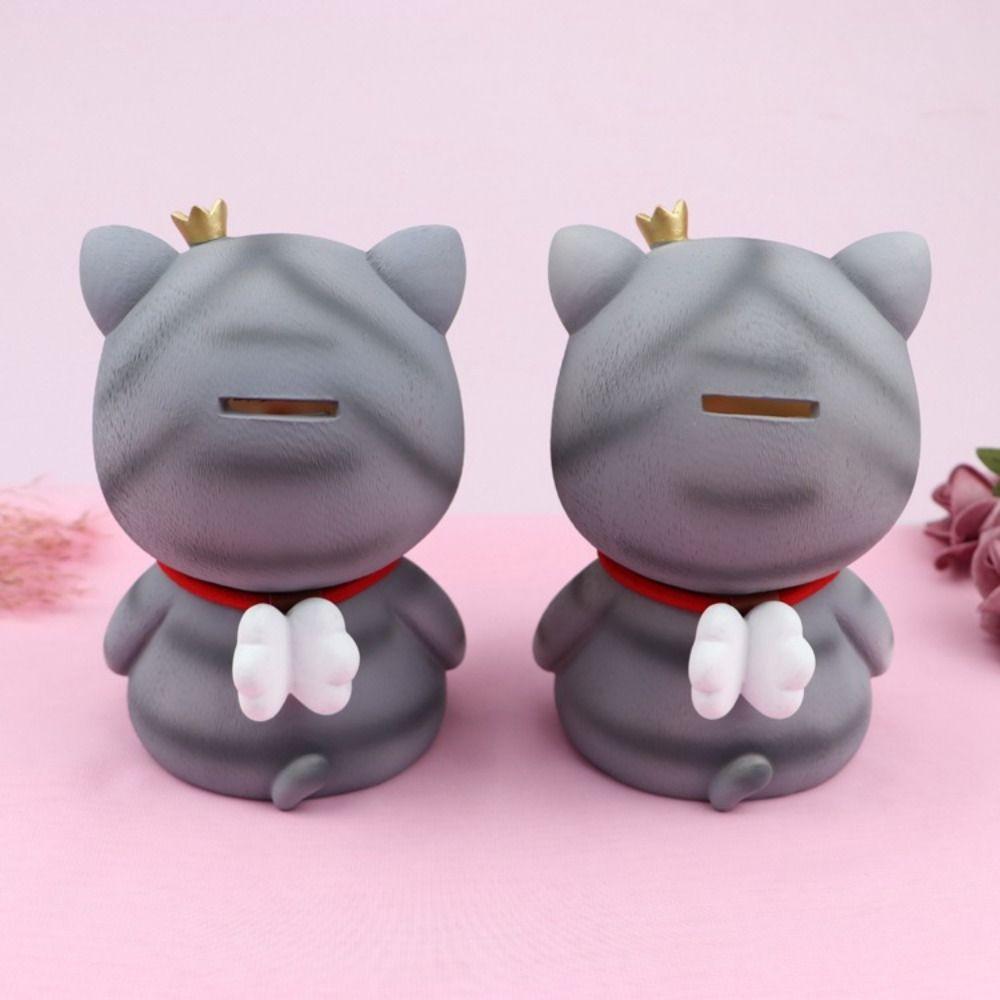 Animal Design Statue Money Box Grey Cat Crafts Ornaments Creative Cat Piggy Bank  Home Office