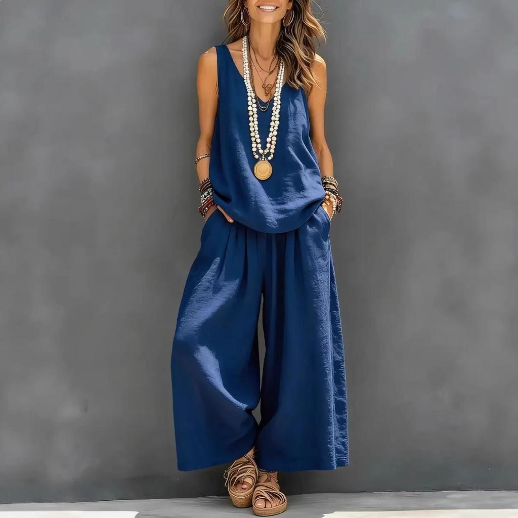 Solid Color Women's V-Neck Sleeveless Vest & Two-Piece Set for Cross-Border E-commerce.