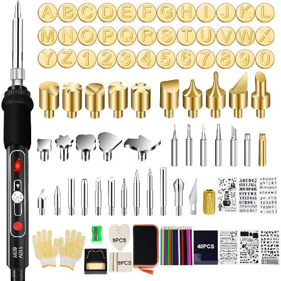Wood Burning Kit, 163 Pcs Wood Burner Tool Kit with Letters and Numbers, Pyrography Pen with Adjustable Temperature Control Various Tips Stencils,