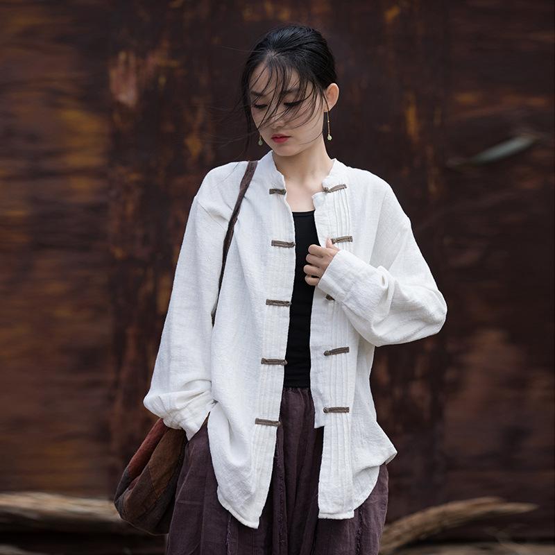 

Johnature женские рубашки в китайском стиле, весенние однотонные блузки на пуговицах, винтажные рубашки с длинным рукавом One Size белый